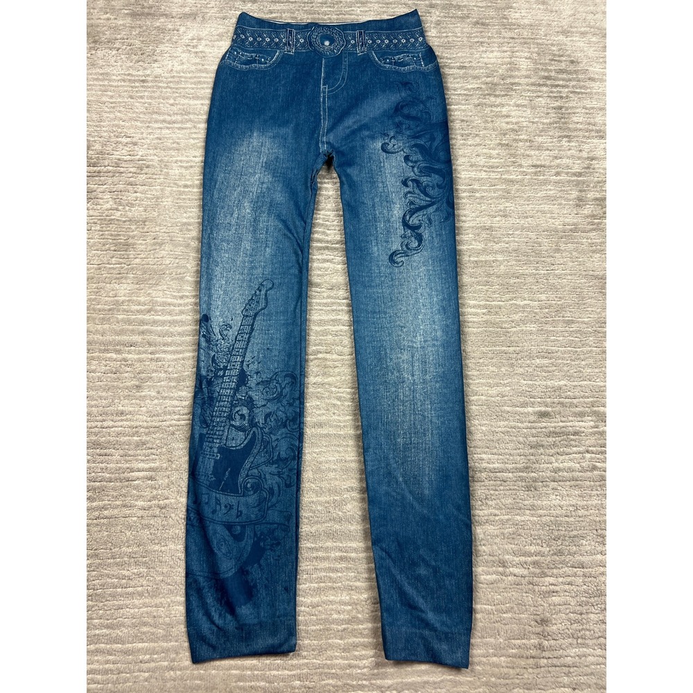 Unbranded Leggings Womens S Blue Denim Print Guitar Rock Trompe Loeil Graphic